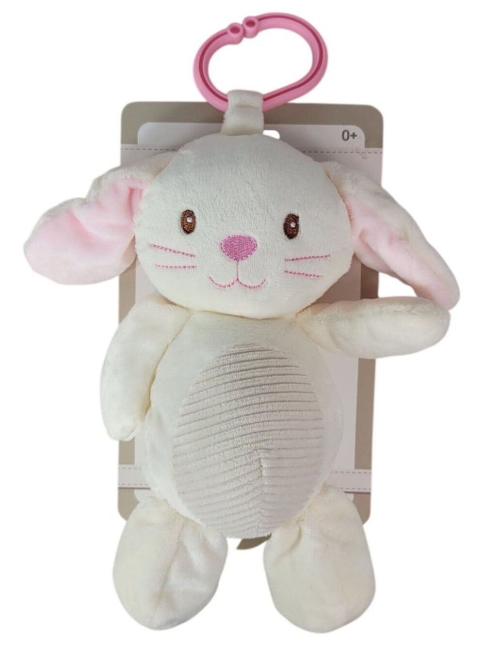 Kellytoy Rabbit Plush Cream Pink Embroidery Clip Hang Rattle Crinkle Ears NEW